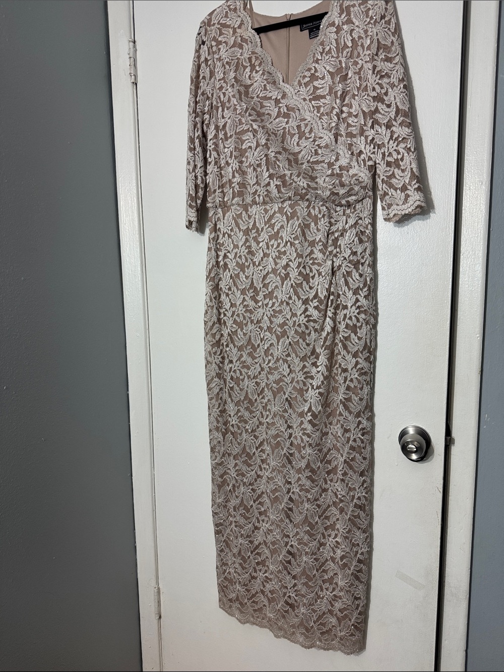 Jessica Howard Taupe Dress with White Lace Overlay